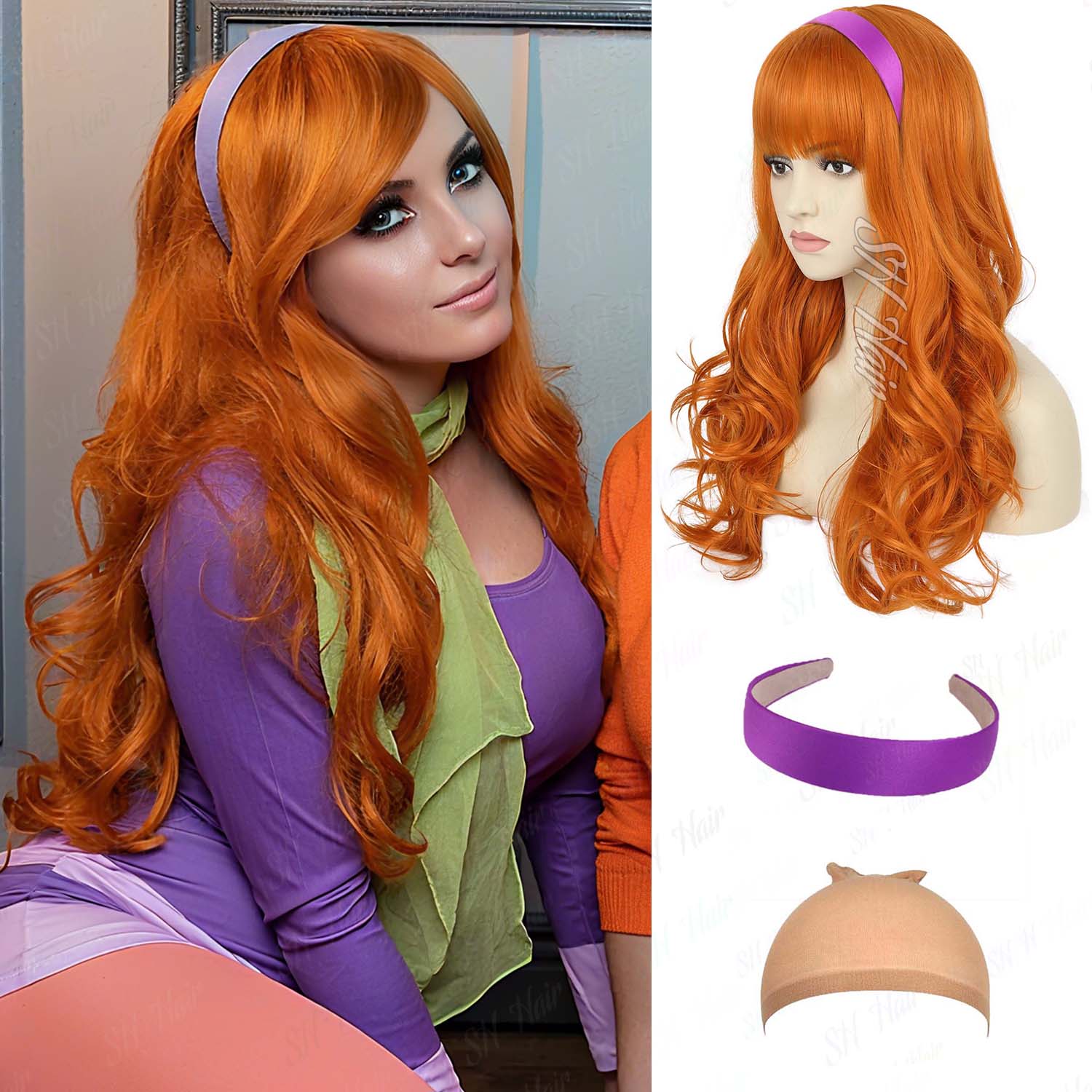 Synthetic Long Curly Orange Wi - Magnifier With Light recension och pris